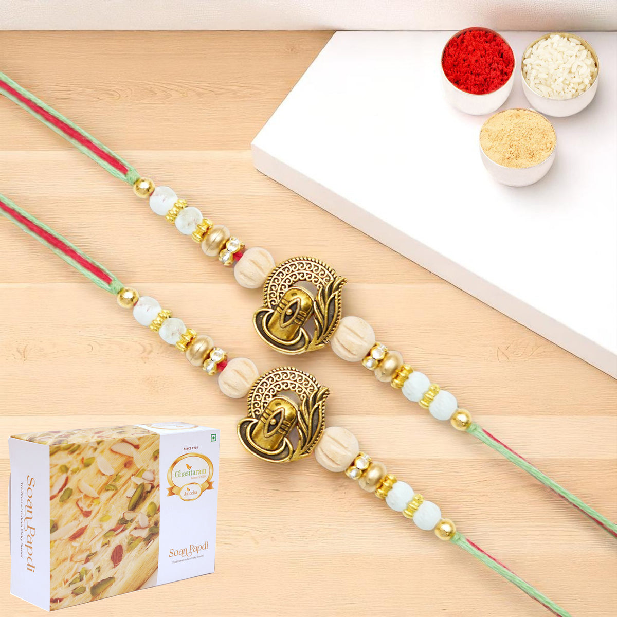 Set of 2 - X-87 Om Shiv Divine Rakhi with 400 gms of Soan Papdi