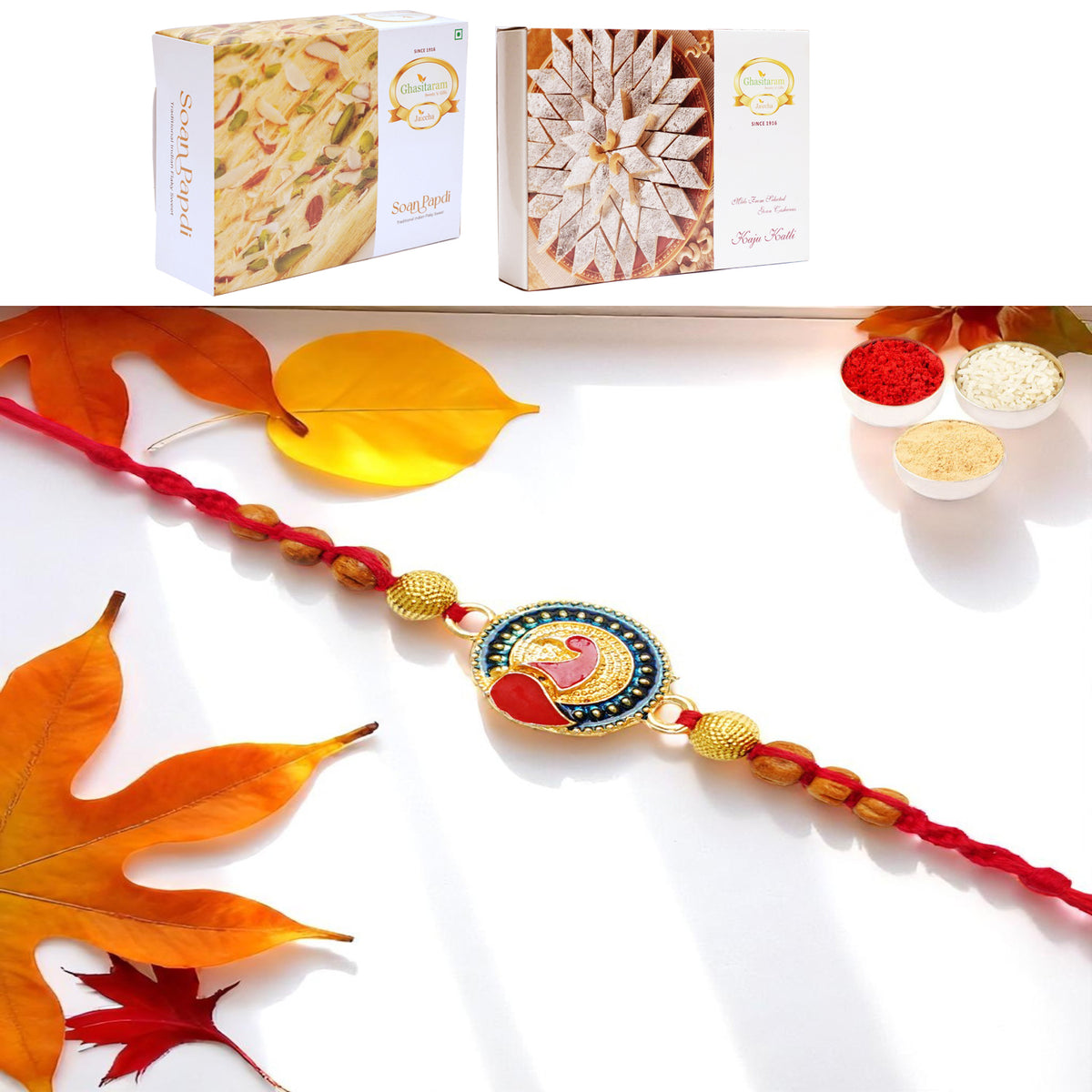 Y-221 Peacock Divine Rakhi with 200 gms of Kaju katli and 200 gms of Soan Papdi