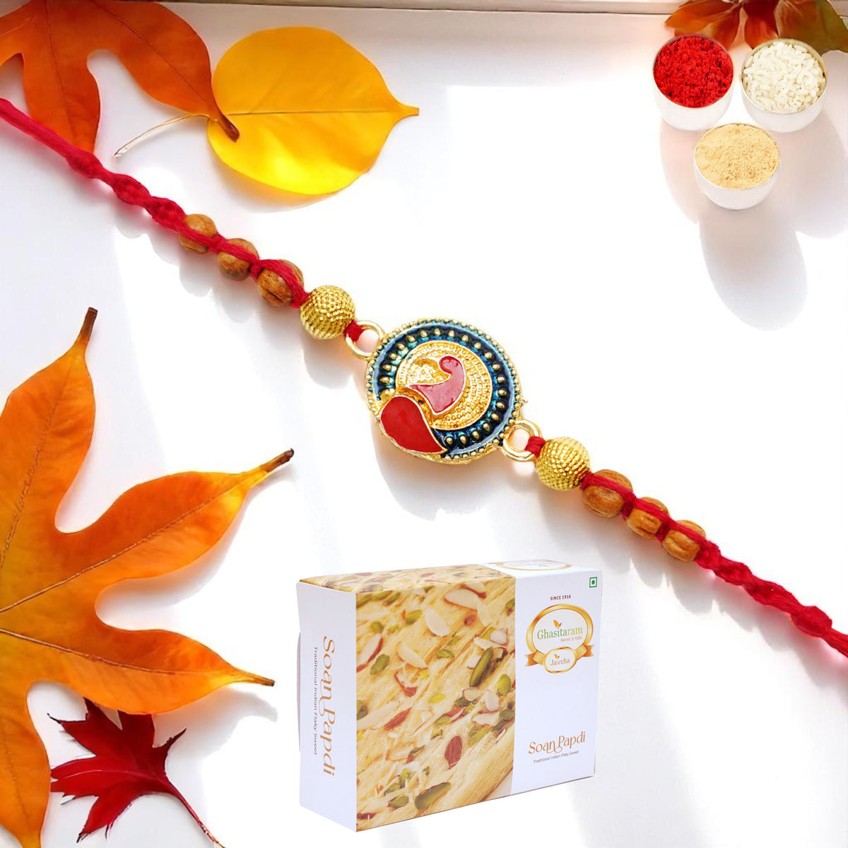 Y-221 Peacock Divine Rakhi with 400 gms of Soan Papdi