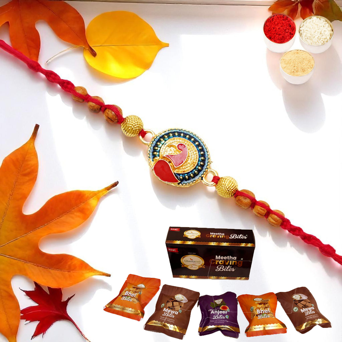 Y-221 Peacock Divine Rakhi with Asorted bites box