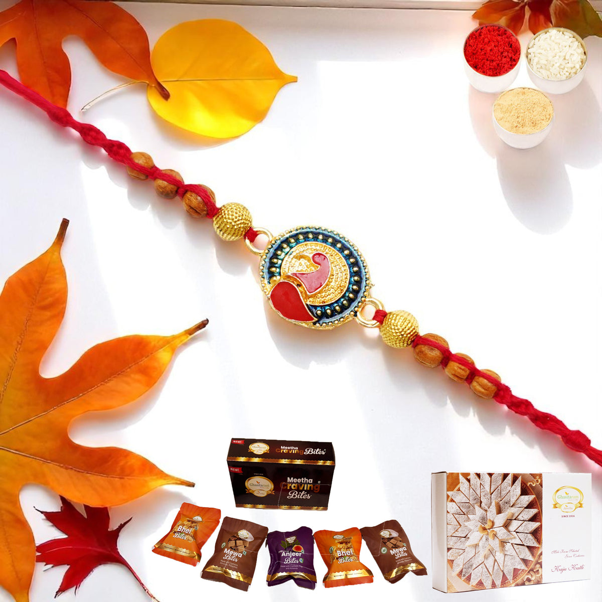 Y-221 Peacock Divine Rakhi with Asorted bites box and 200 gms of Kaju katli