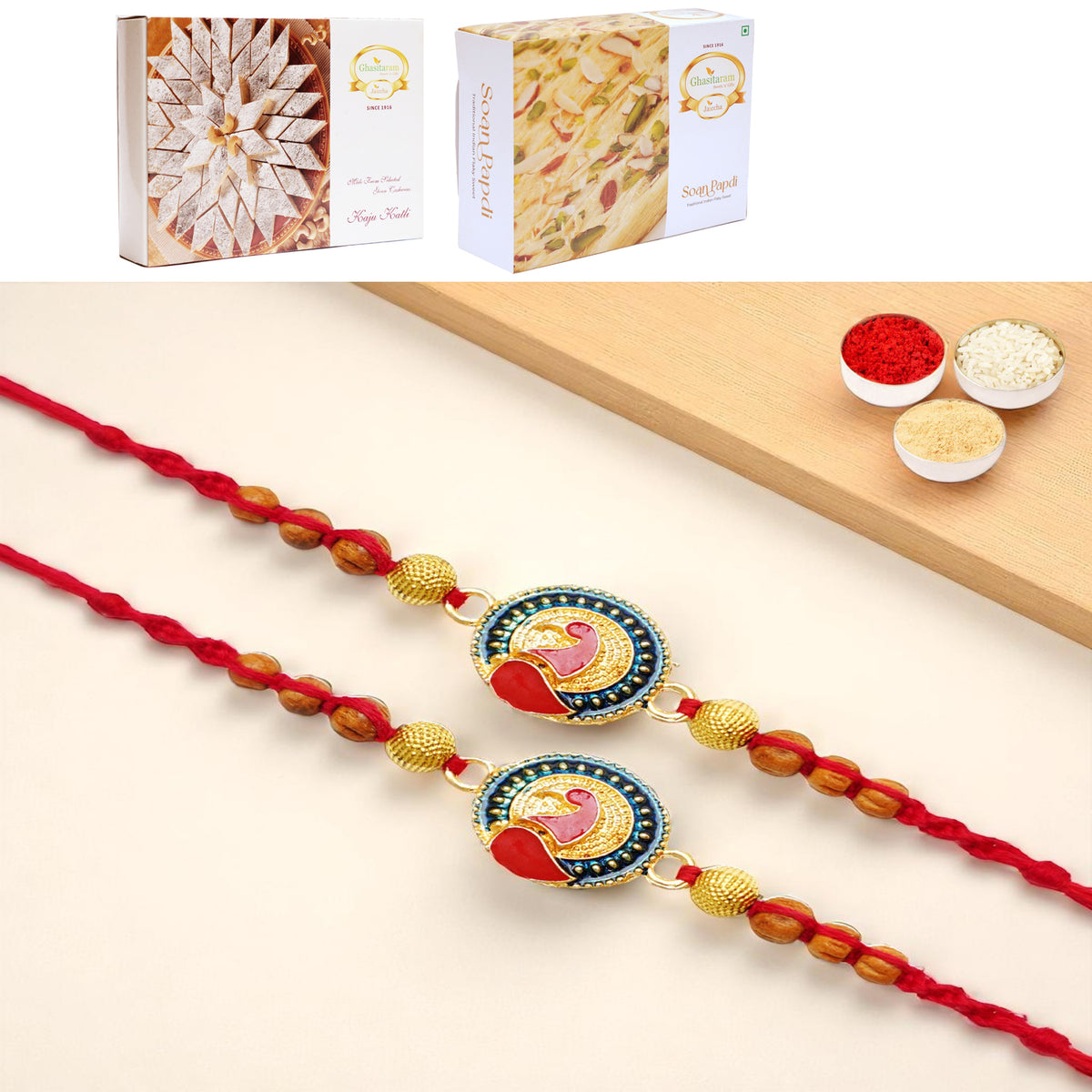 Set of 2 - Y-221 Peacock Divine Rakhi with 200 gms of Kaju katli and 200 gms of Soan Papdi