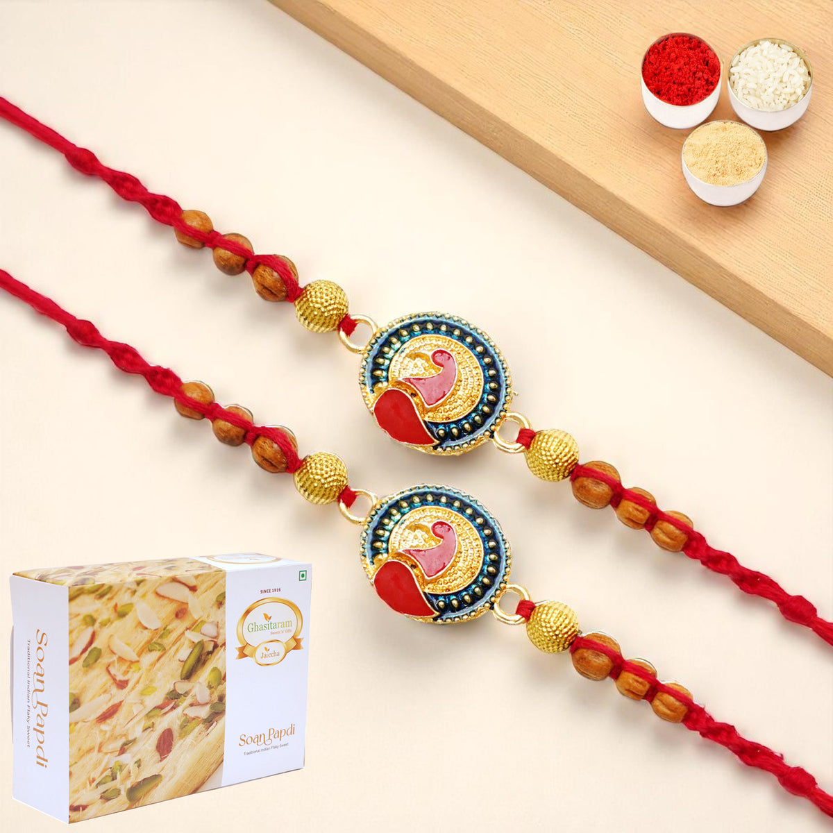 Rakhis Online Australia-Set of 2 - Y-221 Peacock Divine Rakhi with 200 gms of Soan Papdi