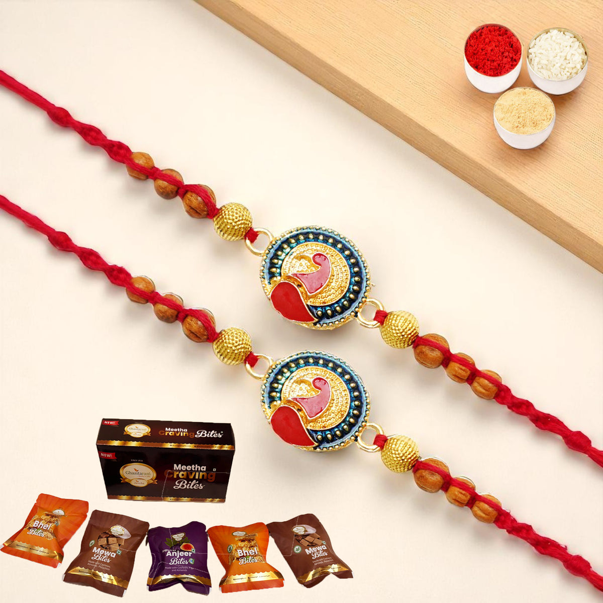 Set of 2 - Y-221 Peacock Divine Rakhi with Asorted bites box