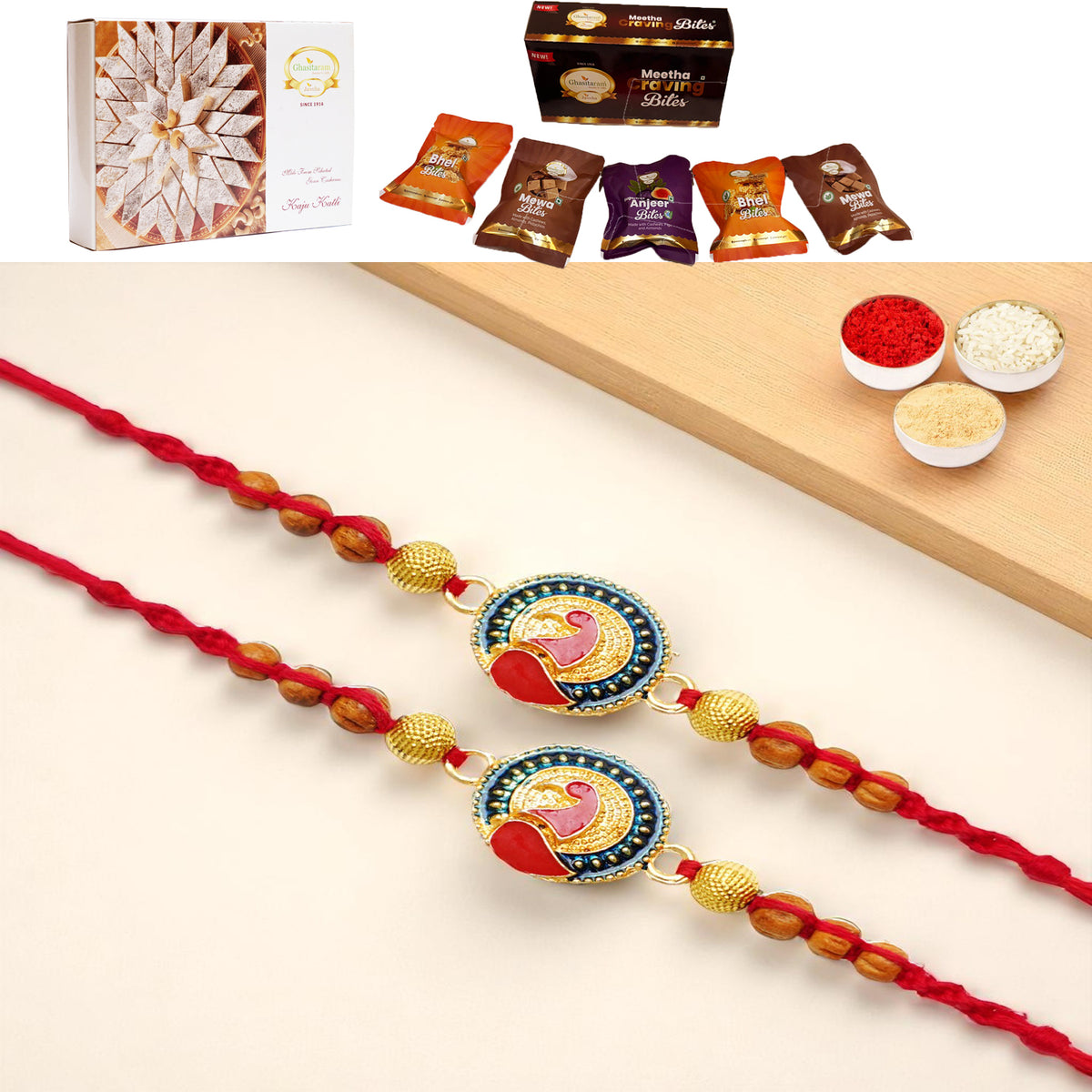 Set of 2 - Y-221 Peacock Divine Rakhi with Asorted bites box and 200 gms of Kaju katli