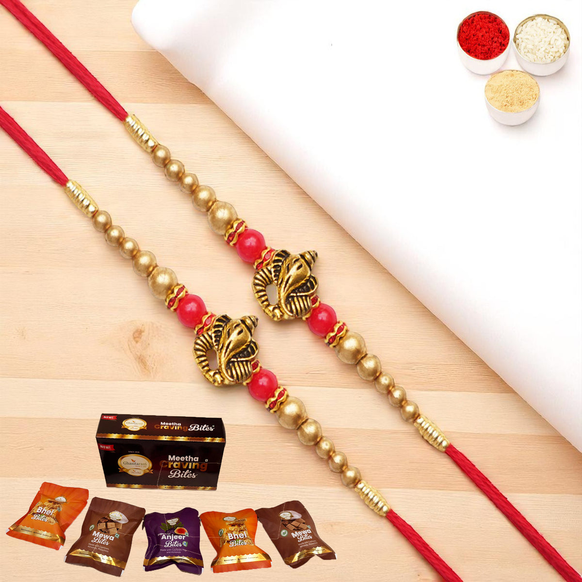 Rakhis Online Australia-Set of 2 - Y-26 Ganesha divine Rakhi with Asorted bites box