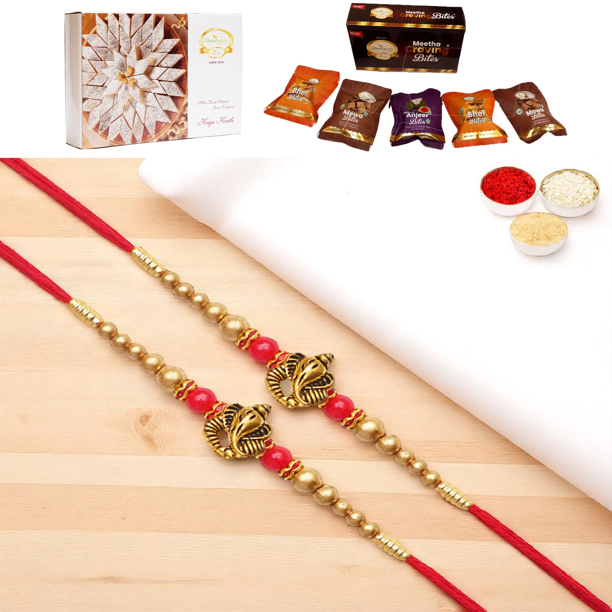 Set of 2 - Y-26 Ganesha divine Rakhi with Asorted bites box and 200 gms of Kaju katli