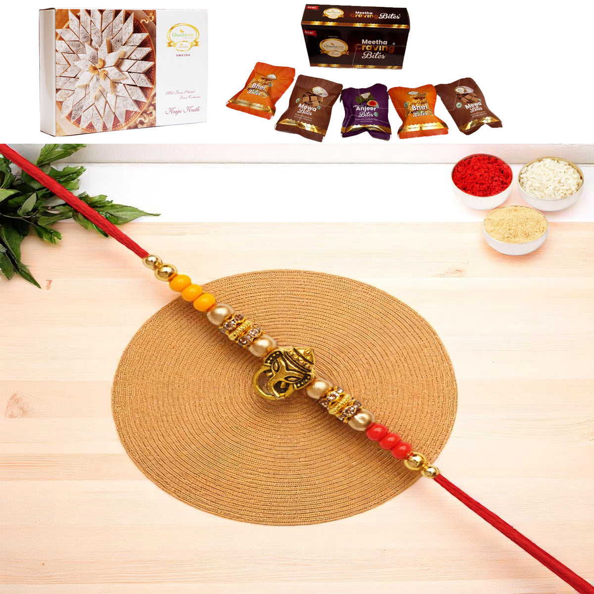 Y-58 Ganesha divine Rakhi with Asorted bites box and 200 gms of Kaju katli
