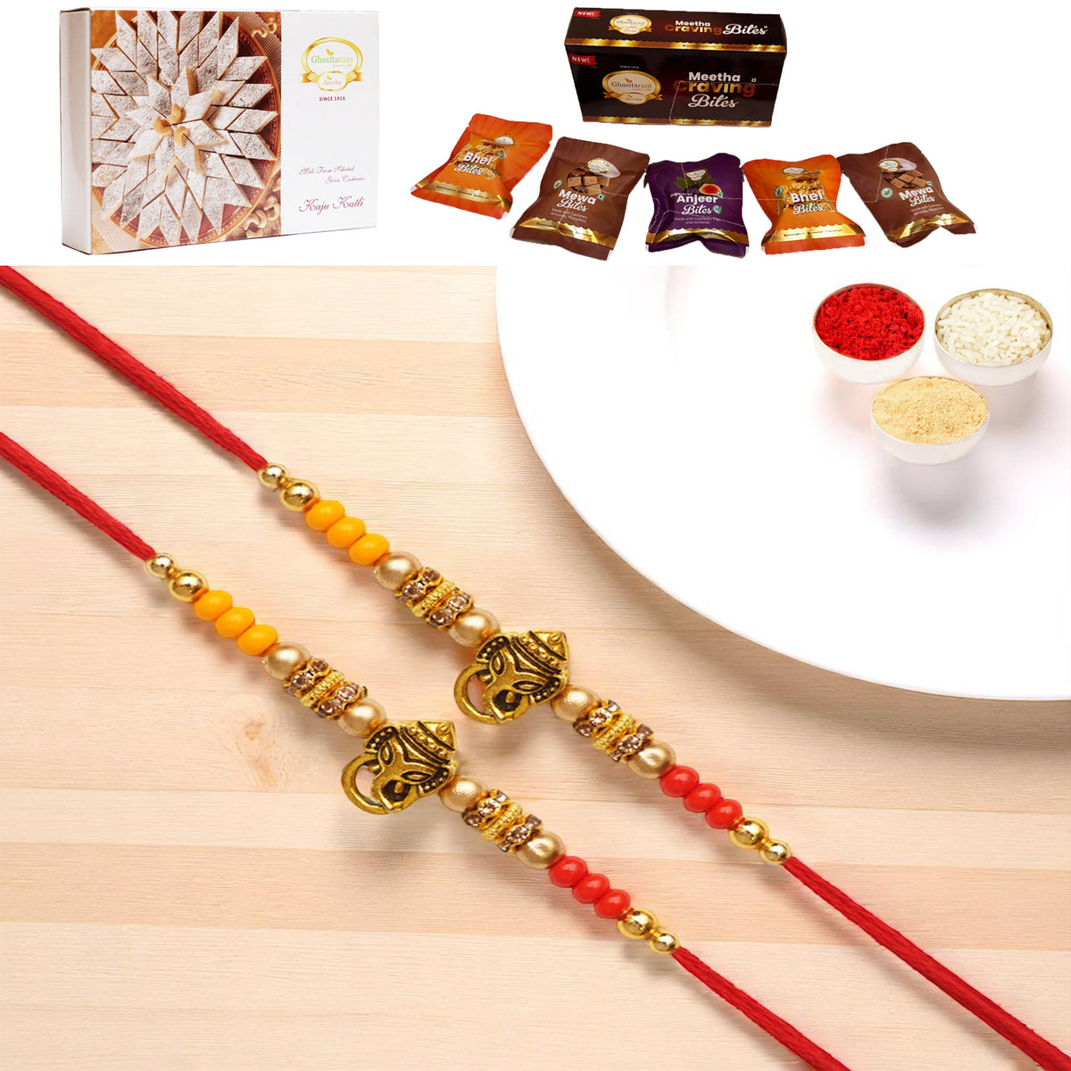 Set of 2 - Y-58 Ganesha divine Rakhi with Asorted bites box and 200 gms of Kaju katli