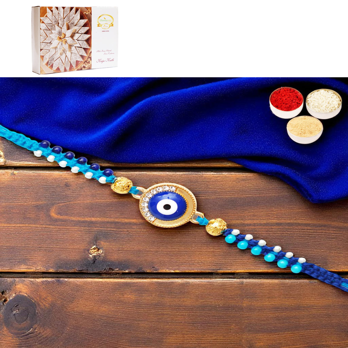 X-134 evil Eye Fancy Rakhi with 400 gms of Kaju katli