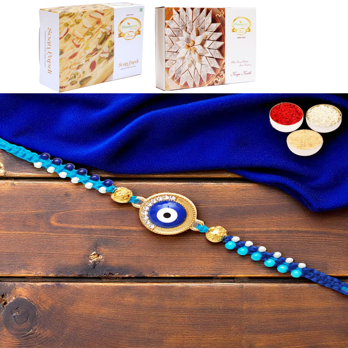 X-134 evil Eye Fancy Rakhi with 200 gms of Kaju katli and 200 gms of Soan Papdi