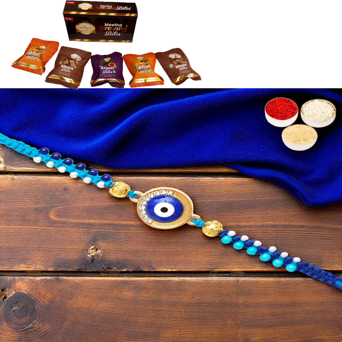 X-134 evil Eye Fancy Rakhi with Asorted bites box