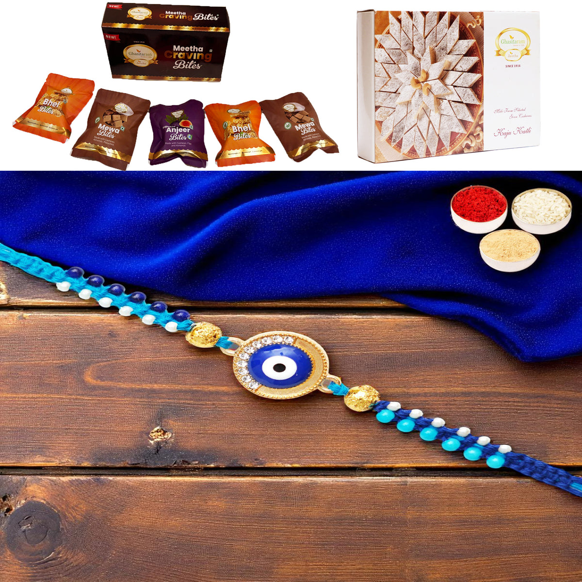 X-134 evil Eye Fancy Rakhi with Asorted bites box and 200 gms of Kaju katli