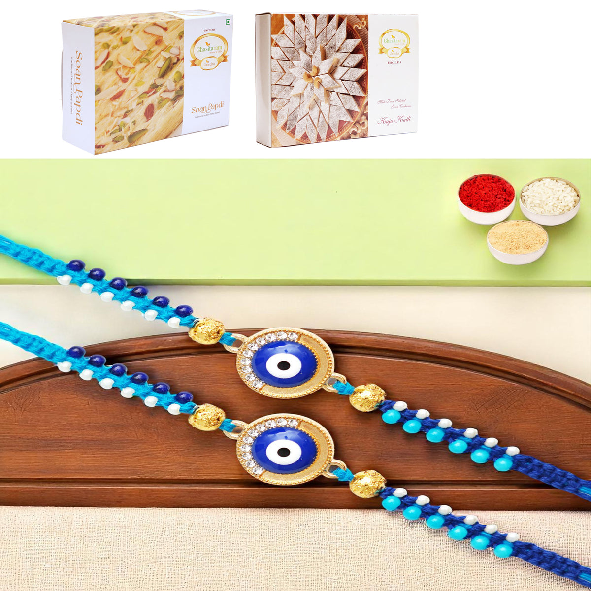 Set of 2 -  X-134 evil Eye Fancy Rakhi with 200 gms of Kaju katli and 200 gms of Soan Papdi