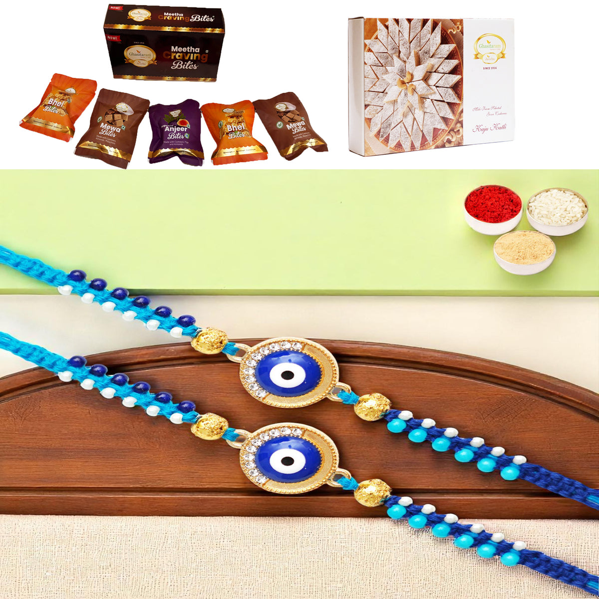 Set of 2 -  X-134 evil Eye Fancy Rakhi with Asorted bites box and 200 gms of Kaju katli