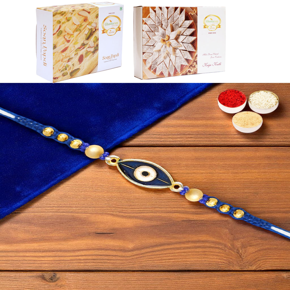 X-86 Evil Eye Fancy Rakhi with 200 gms of Kaju katli and 200 gms of Soan Papdi