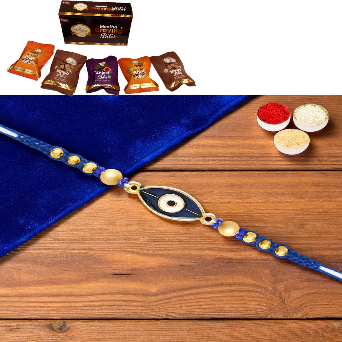 X-86 Evil Eye Fancy Rakhi with Asorted bites box
