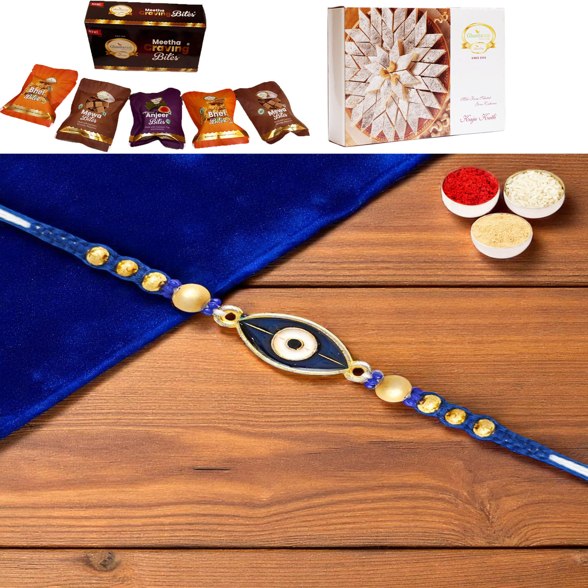 X-86 Evil Eye Fancy Rakhi with Asorted bites box and 200 gms of Kaju katli