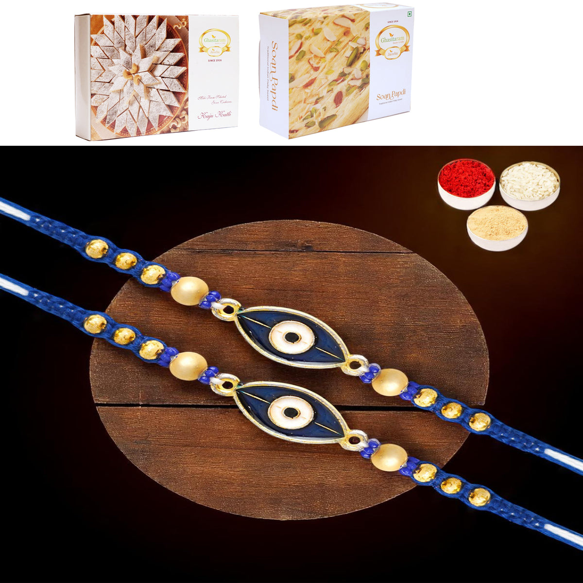 Set of 2 -  X-86 Evil Eye Fancy Rakhi with 200 gms of Kaju katli and 200 gms of Soan Papdi