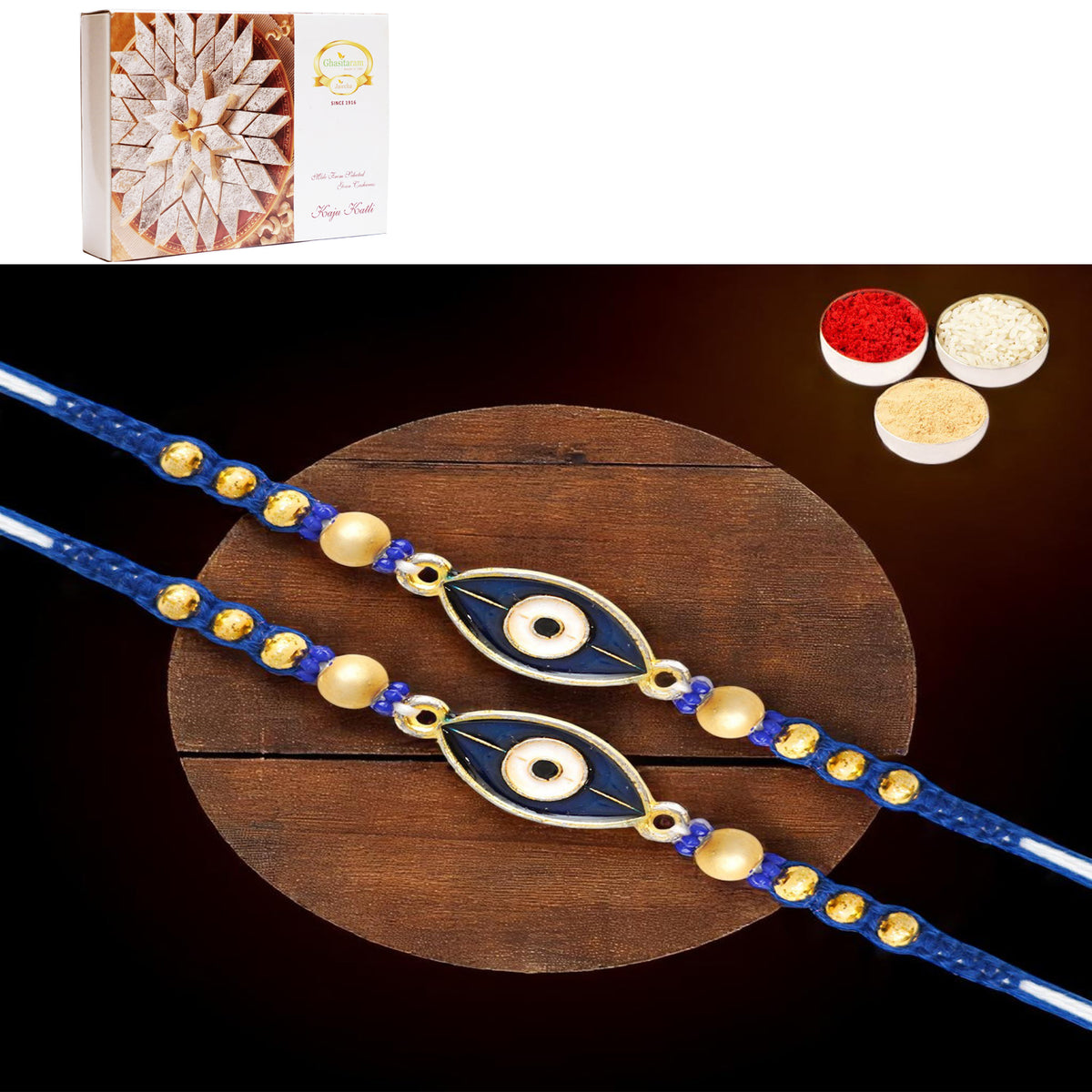 Set of 2 -  X-86 Evil Eye Fancy Rakhi with 400 gms of Kaju katli