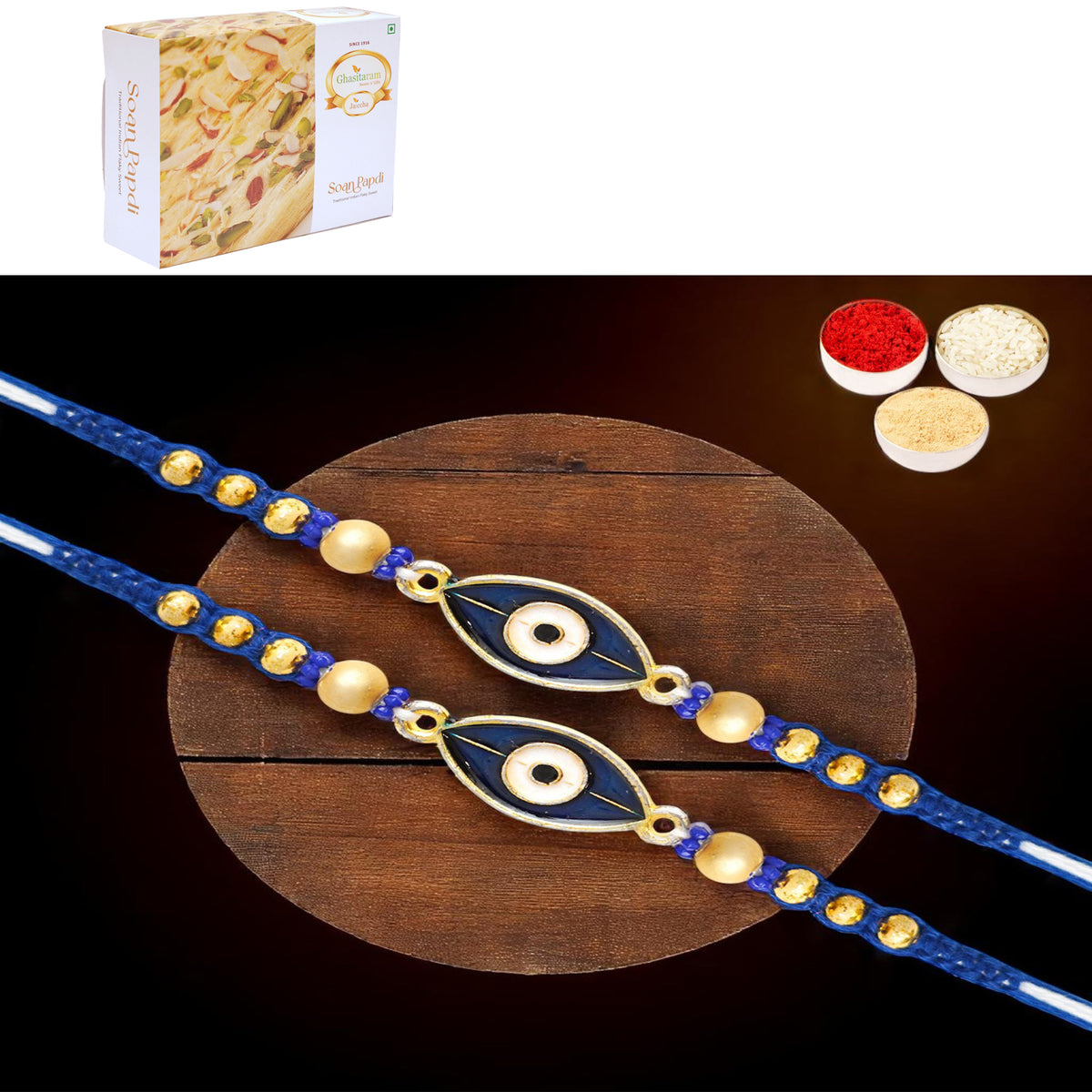 Rakhis Online UK-Set of 2 - X-86 Evil Eye Fancy Rakhi with 200 gms of Soan Papdi