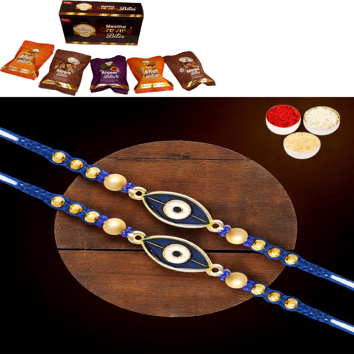 Set of 2 -  X-86 Evil Eye Fancy Rakhi with Asorted bites box