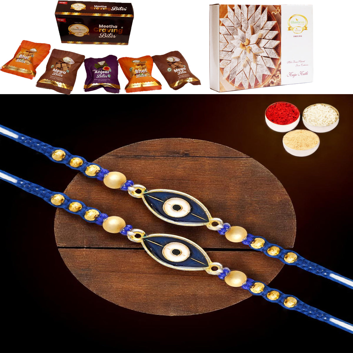 Set of 2 -  X-86 Evil Eye Fancy Rakhi with Asorted bites box and 200 gms of Kaju katli