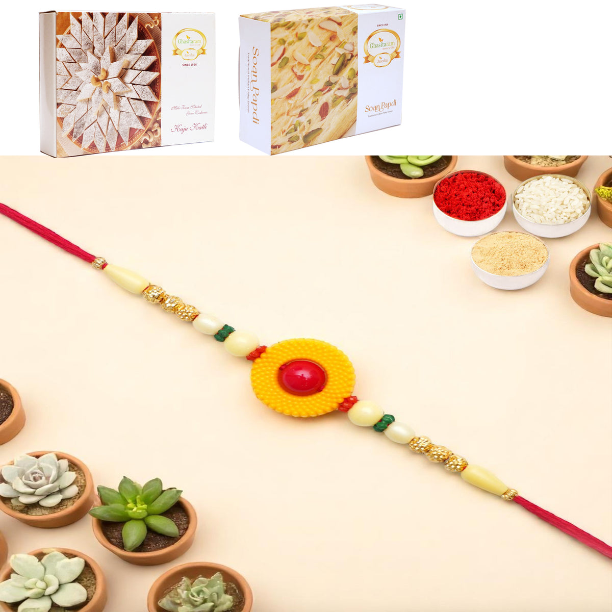 Y-199 Fancy Rakhi with 200 gms of Kaju katli and 200 gms of Soan Papdi