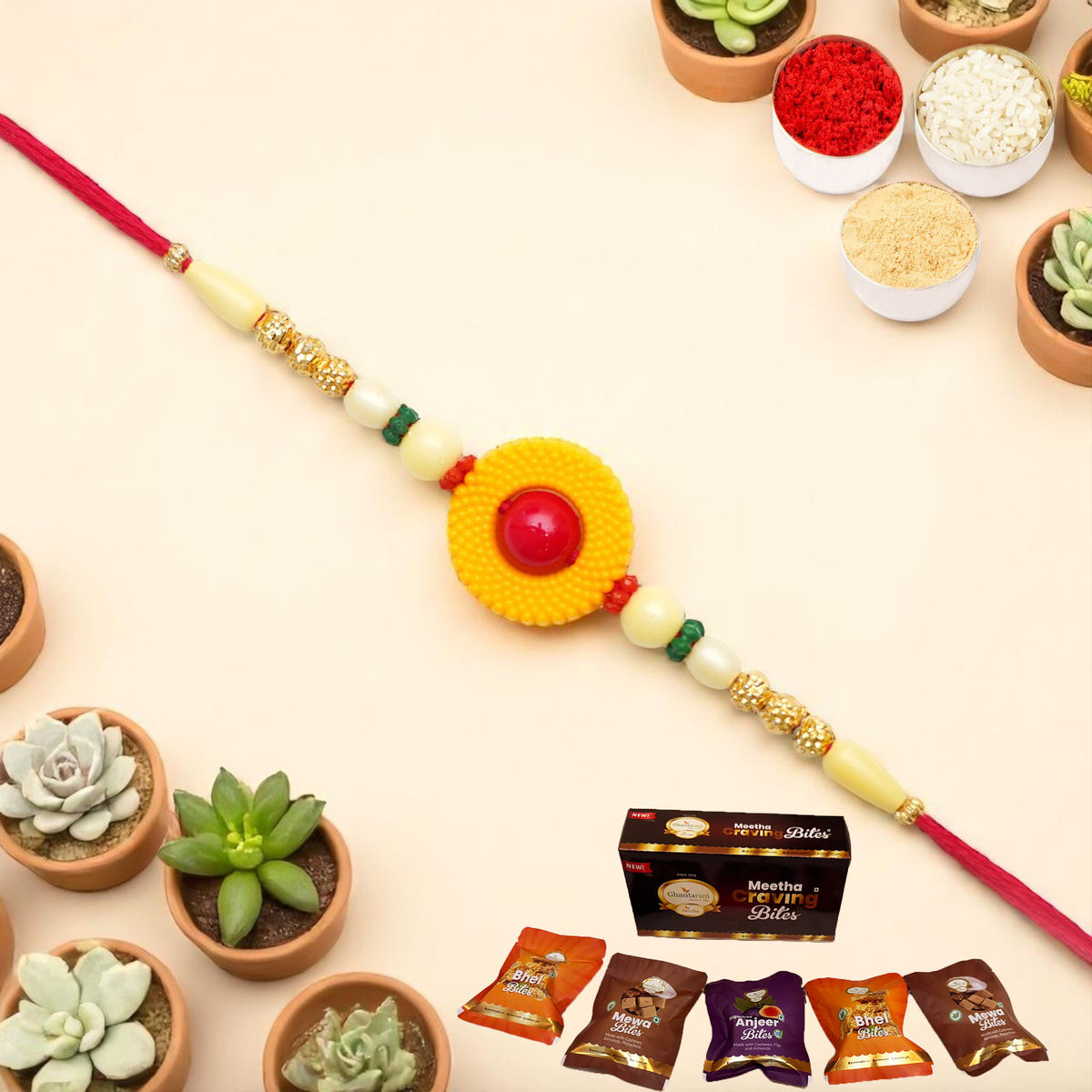 Y-199 Fancy Rakhi with Asorted bites box