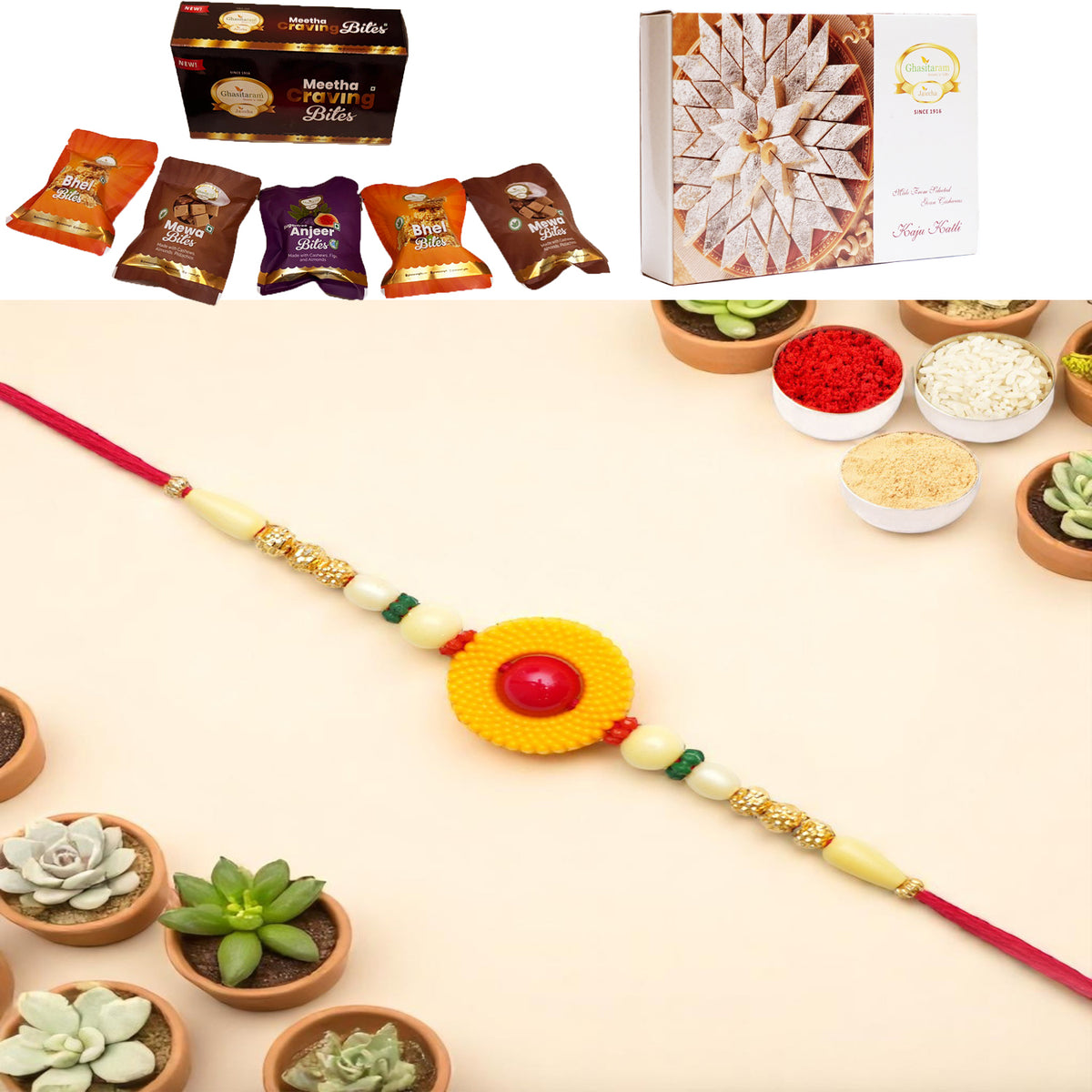Y-199 Fancy Rakhi with Asorted bites box and 200 gms of Kaju katli