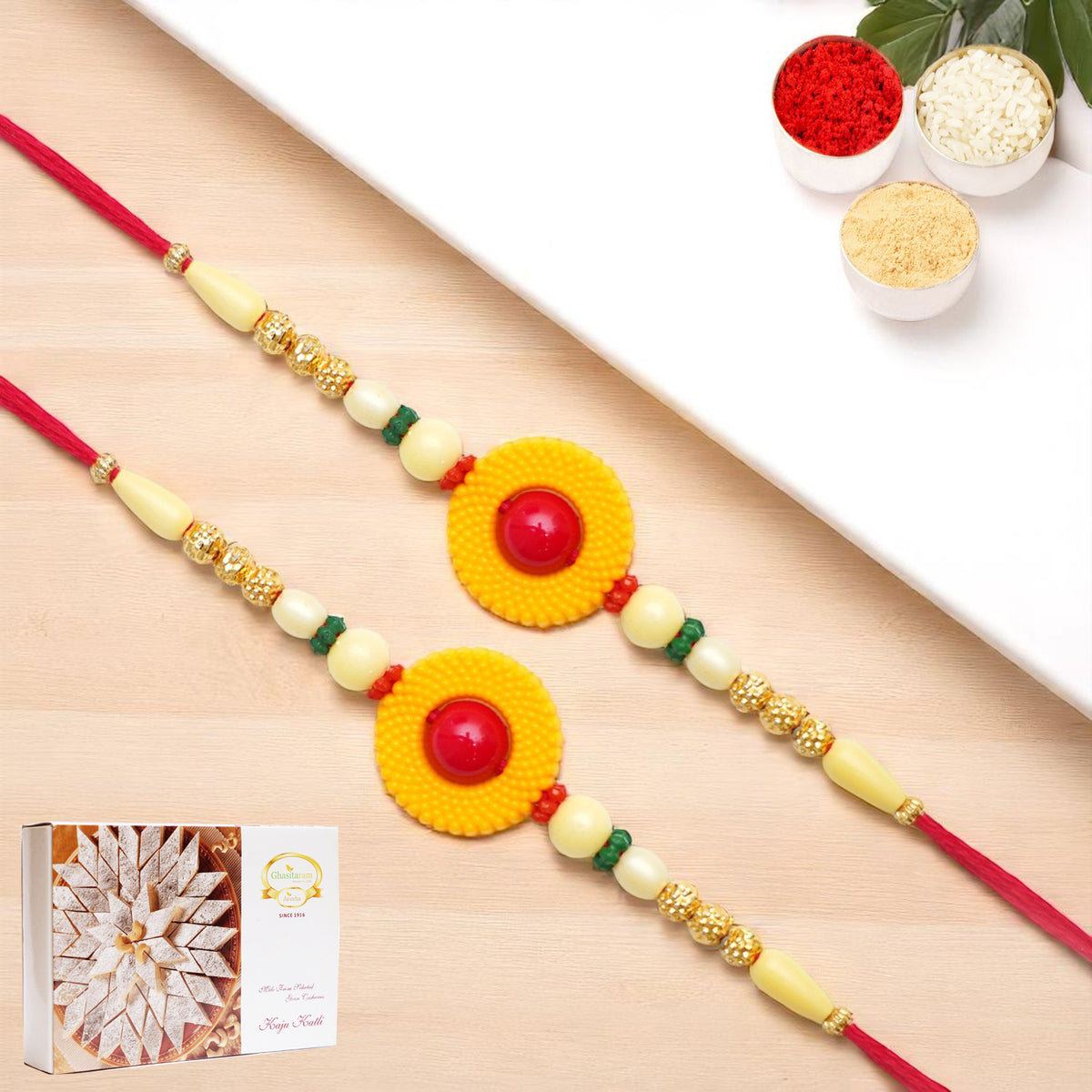 Rakhis Online Australia-Set of 2 - Y-199 Fancy Rakhi with 200 gms of Kaju katli
