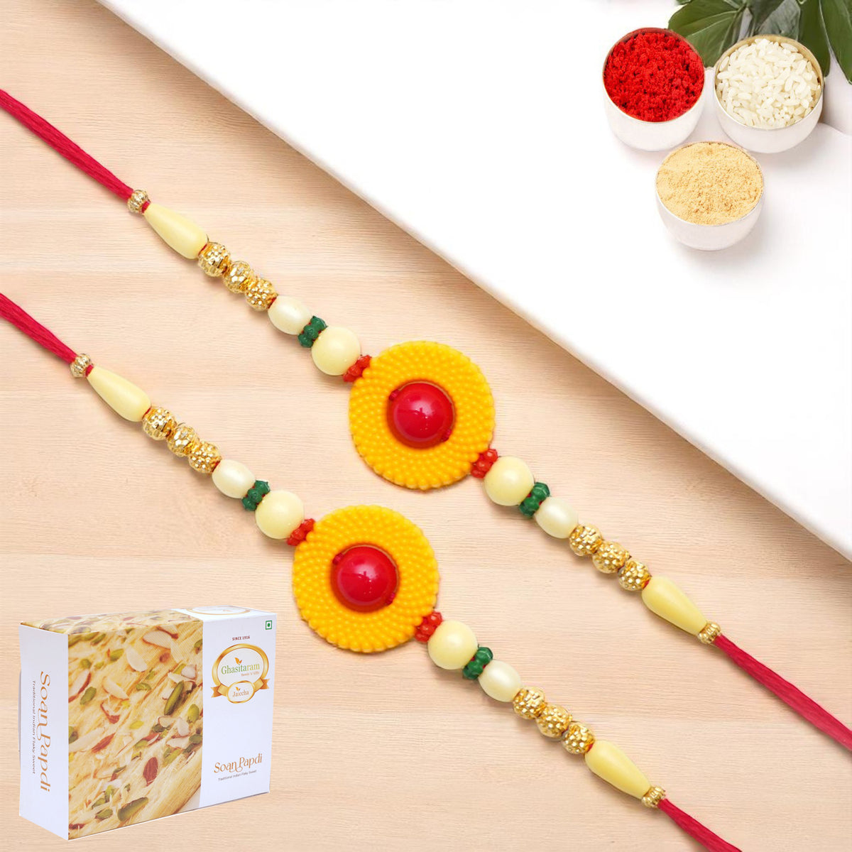 Set of 2 -  Y-199 Fancy Rakhi with 400 gms of Soan Papdi