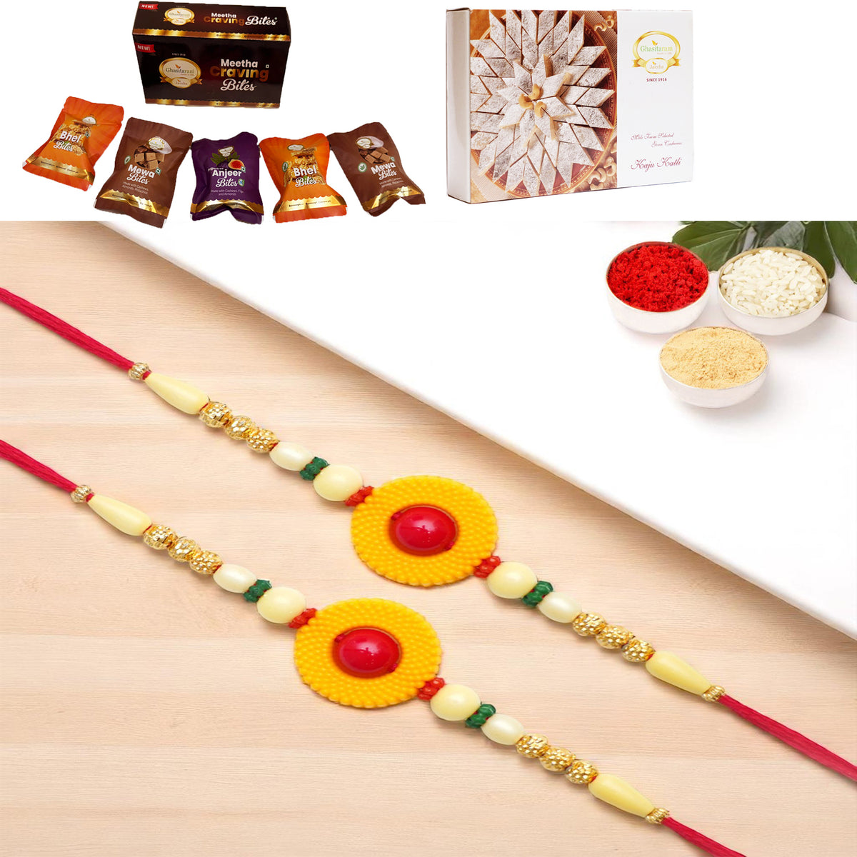 Set of 2 -  Y-199 Fancy Rakhi with Asorted bites box and 200 gms of Kaju katli