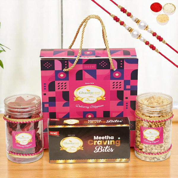 Bag Gift Box with milk cake, namkeen, dryfruit and 2 rakhis
