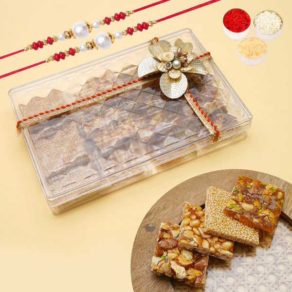 Rakhi Gifts-Acrylic of Assorted Chikkis with 2 rakhis