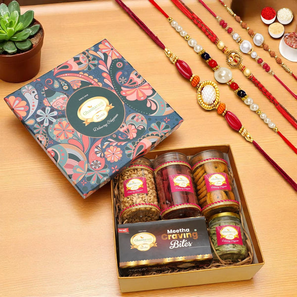 Ghasitaram Big Hamper Box of Sweets / Bites, Namkeen and Dryfruit-GGBHB with 5 rakhis