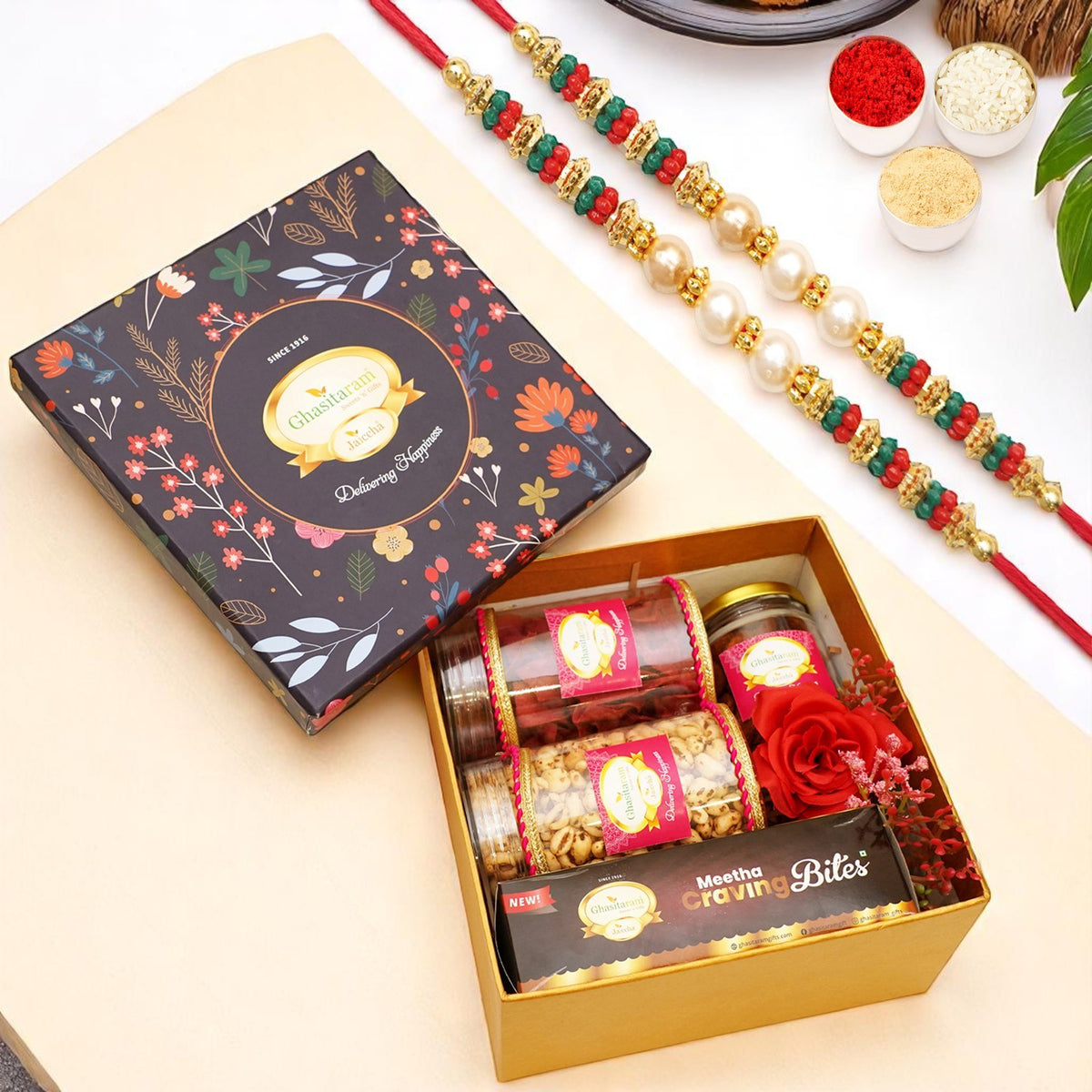 Ghasitaram Hamper Box of Sweets / Bites, Namkeen and Dryfruit-GGHB with 2 rakhis