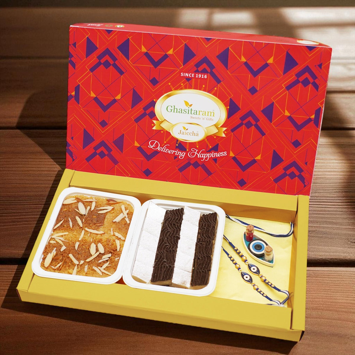 Gift Box with Mini Kaju Katlis, Milk Cake and Evil Eye Rakhis