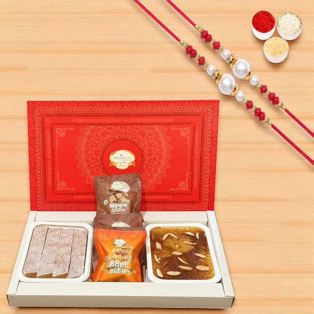 Pure Kaju Katlis, Milk Cake and Bites box with 2 rakhis