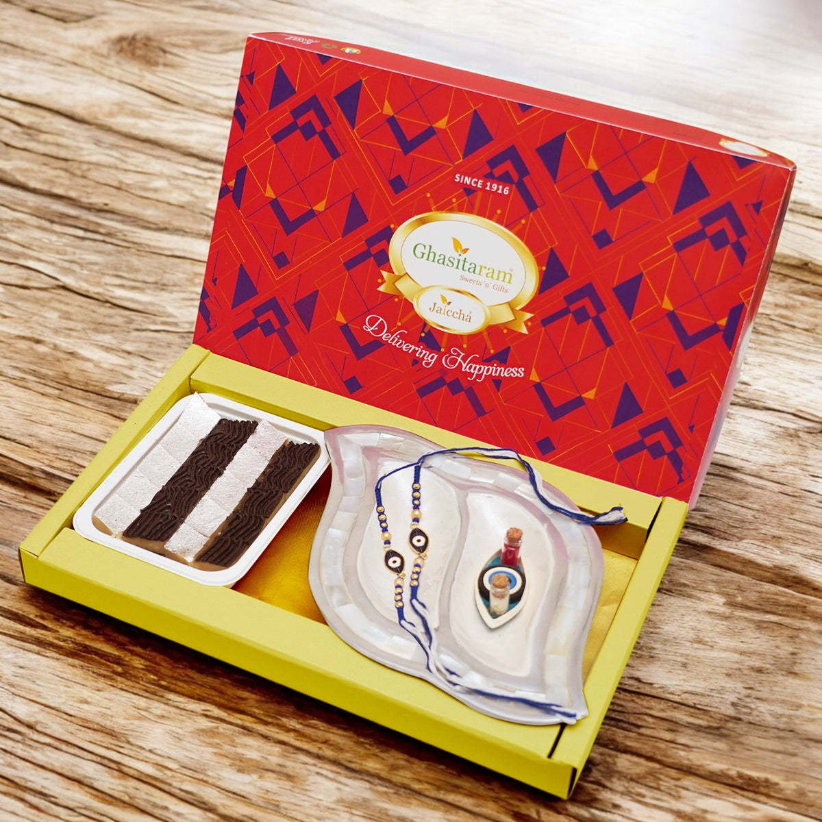 Gift Box with Mini Kaju Katlis, Pooja Thali and Evil Eye Rakhis