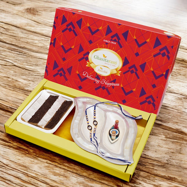 Gift Box with Mini Kaju Katlis, Pooja Thali and Evil Eye Rakhis