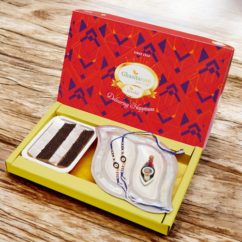 Gift Box with Mini Kaju Katlis, Pooja Thali and Evil Eye Rakhis