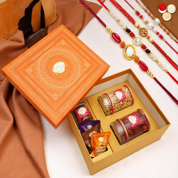 Orange Hamper Box of Sweets / Bites, Namkeen and Dryfruit- Ohb-1 with 5 rakhis