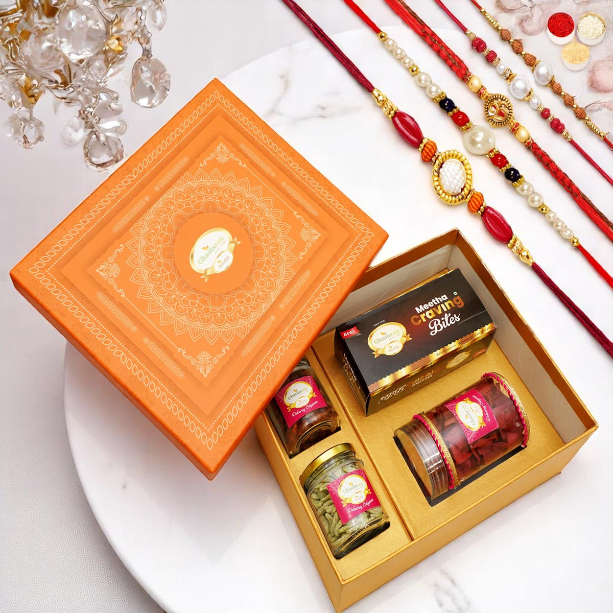 Orange Hamper Box of Sweets / Bites, Namkeen and Dryfruit- Ohb-2 with 5 rakhis
