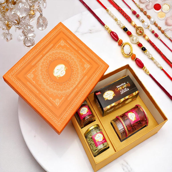 Orange Hamper Box of Sweets / Bites, Namkeen and Dryfruit- Ohb-2 with 5 rakhis