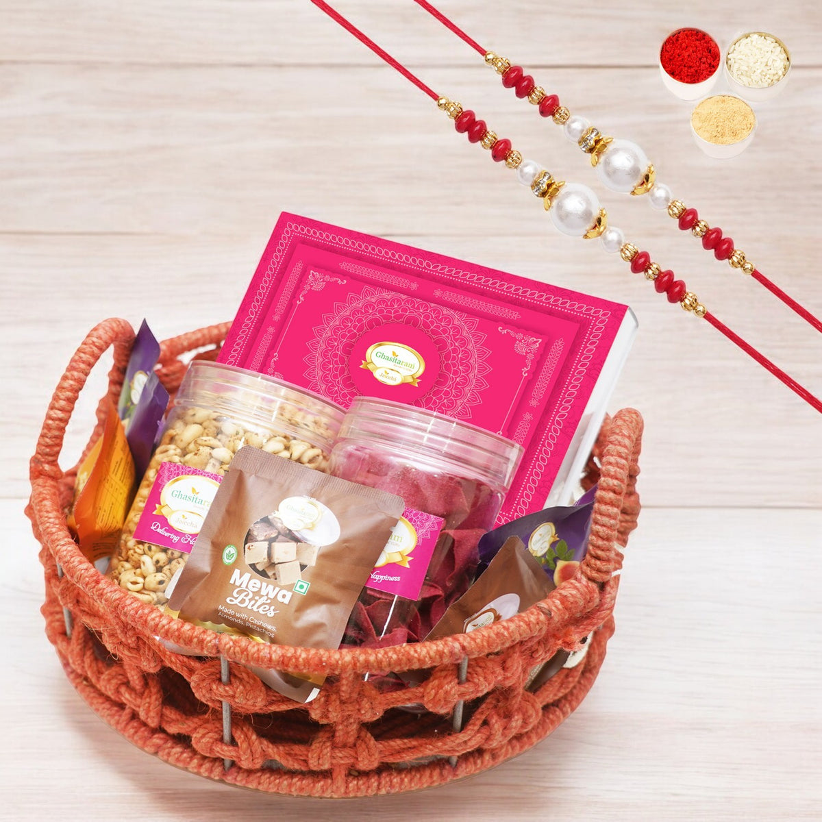 Orange Jute Basket With Milk Cake/ Namkeen and Bites with 2 rakhis