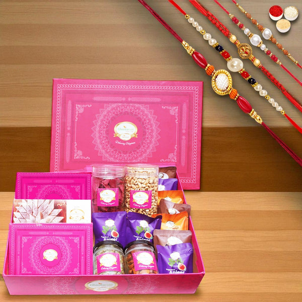 Big Pink Hamper box of 17 Goodies with 5 rakhis