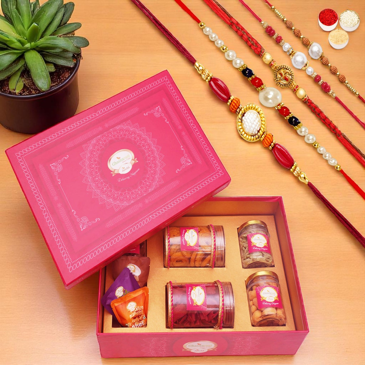 Big Pink Hamper Box of Sweets / Bites, Namkeen and Dryfruit- Phb-1 with 5 rakhis