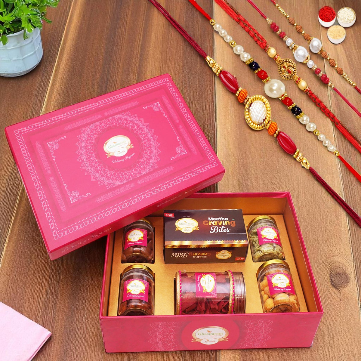 Big Pink Hamper Box of Sweets / Bites, Namkeen and Dryfruit- Phb-2 with 5 rakhis