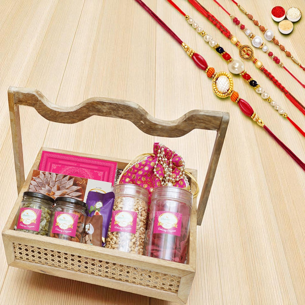 Rattan Basket of 16 goodies with assorted Bites with 5 rakhis